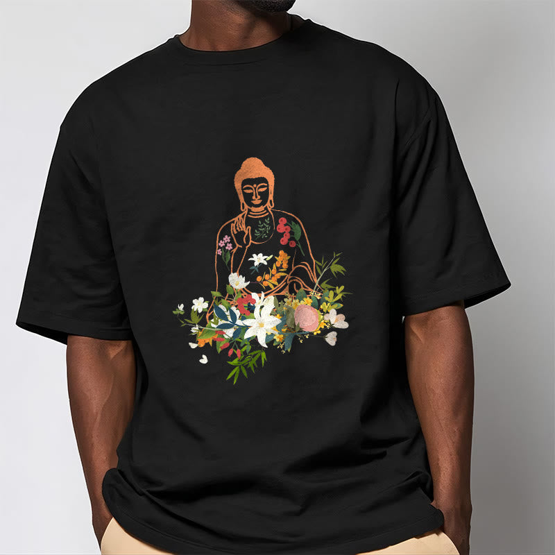 Camiseta con estampado de flores en flor y Buda meditando con Buddha Stones - image 1