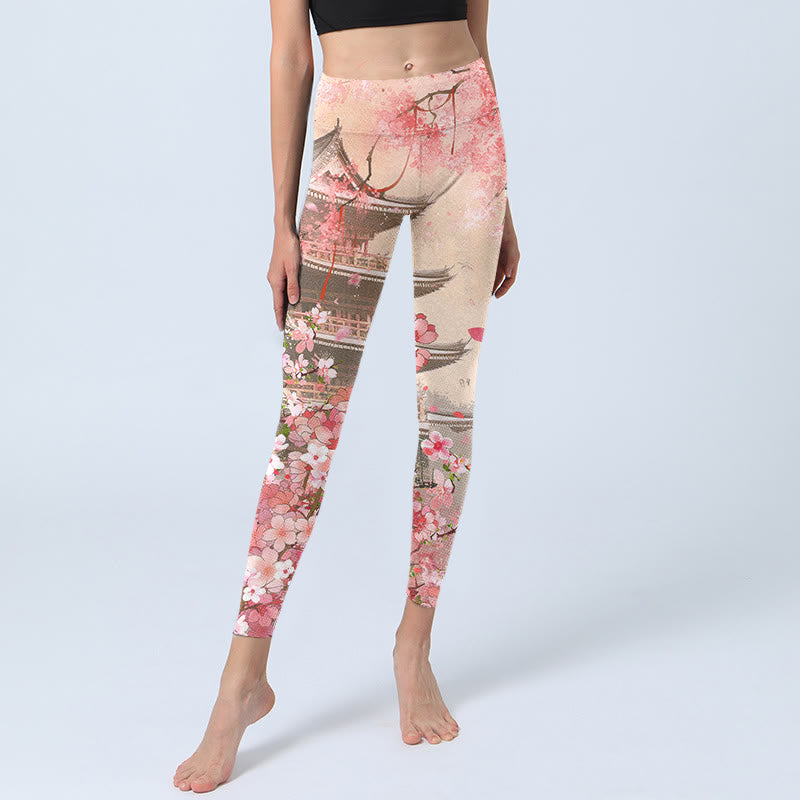 Leggings de fitness con estampado de edificios antiguos de sakura rosa y Buddha Stones para mujer - image 5