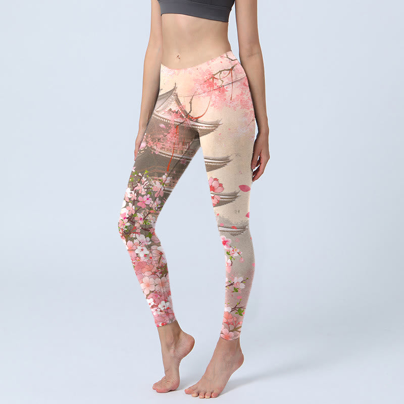 Leggings de fitness con estampado de edificios antiguos de sakura rosa y Buddha Stones para mujer - Rubor Lavanda - US18，UK/AU22，EU50 (4XL) - image 0