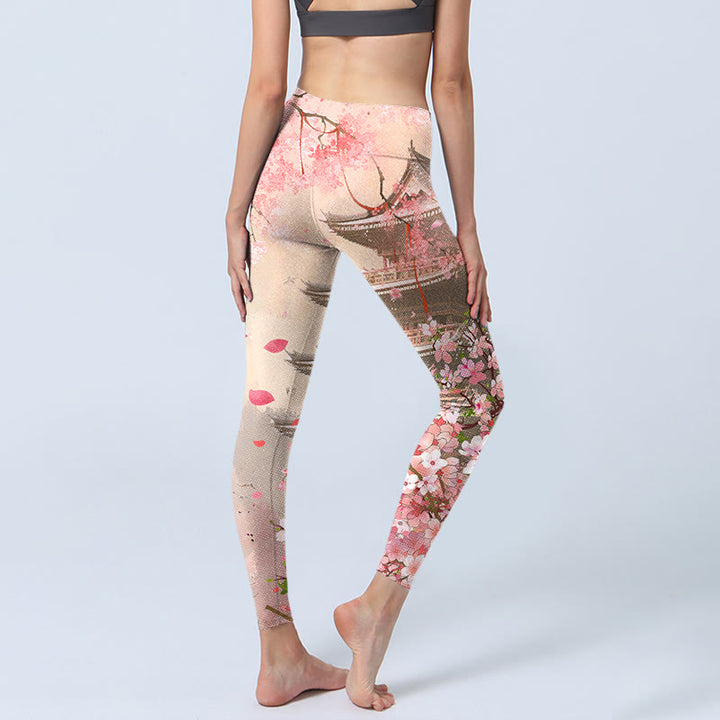 Leggings de fitness con estampado de edificios antiguos de sakura rosa y Buddha Stones para mujer - image 4