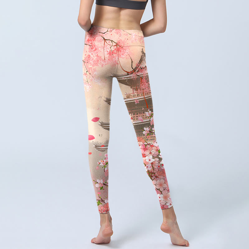 Leggings de fitness con estampado de edificios antiguos de sakura rosa y Buddha Stones para mujer - image 6