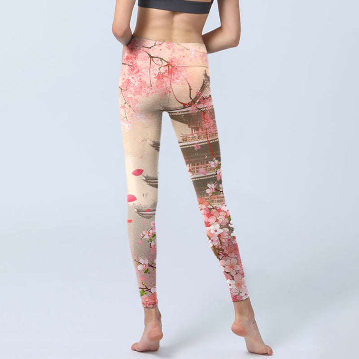 Leggings de fitness con estampado de edificios antiguos de sakura rosa y Buddha Stones para mujer - image 7
