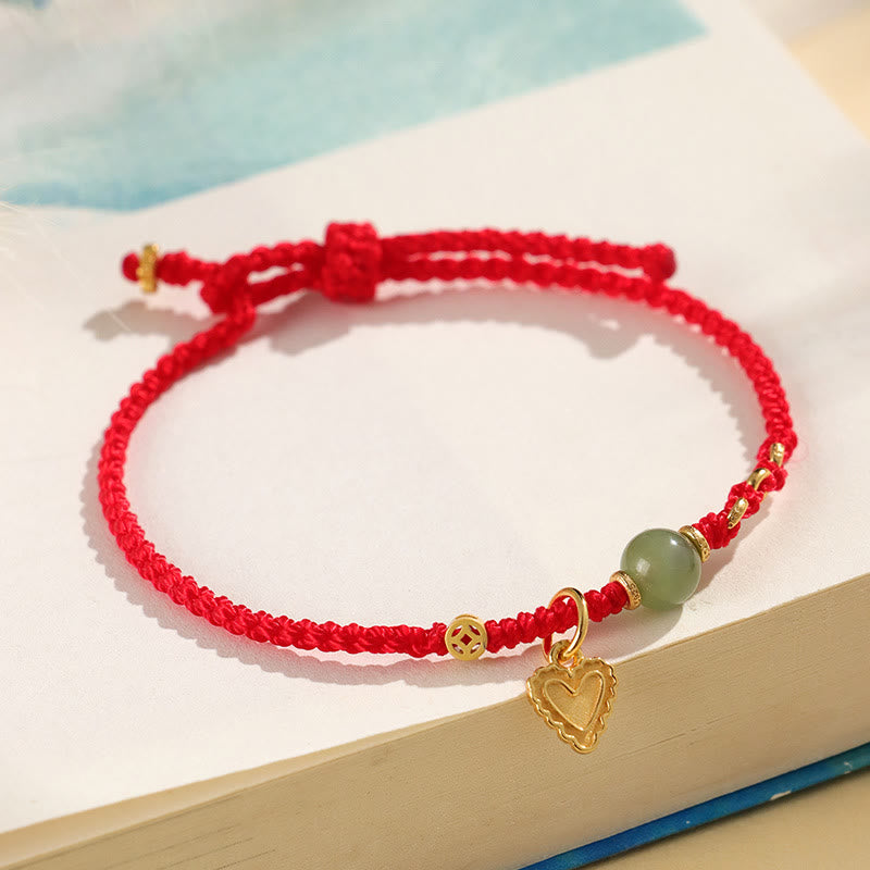 Buddha Stones Pulsera de plata de ley 925 con abalorios de jade hetiano y moneda de cobre con forma de corazón y amor