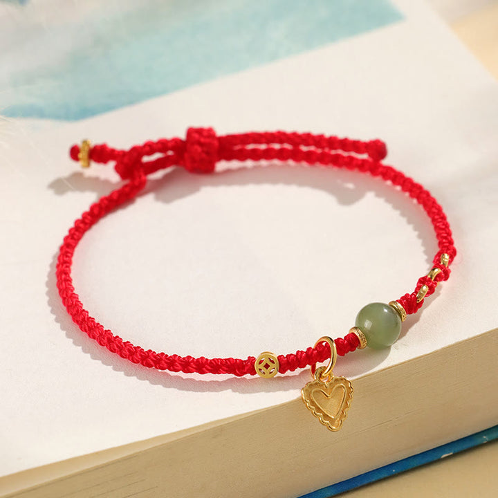 Buddha Stones Pulsera de plata de ley 925 con abalorios de jade hetiano y moneda de cobre con forma de corazón y amor