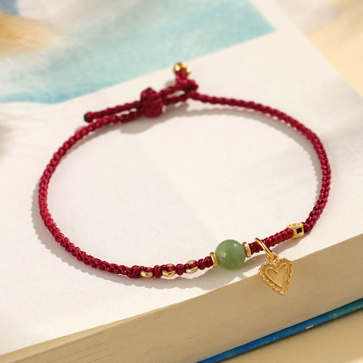 Buddha Stones Pulsera de plata de ley 925 con abalorios de jade hetiano y moneda de cobre con forma de corazón y amor