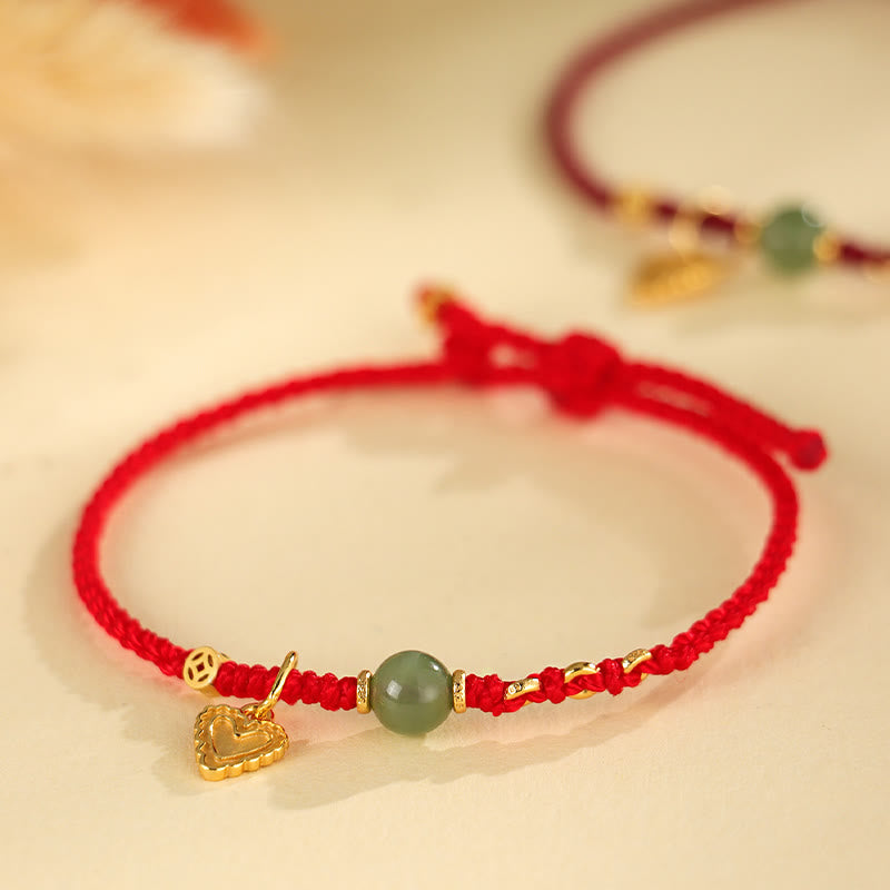 Buddha Stones Pulsera de plata de ley 925 con abalorios de jade hetiano y moneda de cobre con forma de corazón y amor