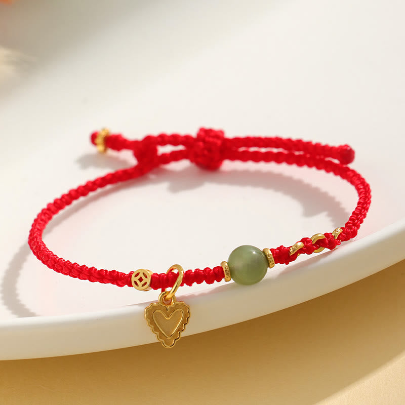 Buddha Stones Pulsera de plata de ley 925 con abalorios de jade hetiano y moneda de cobre con forma de corazón y amor