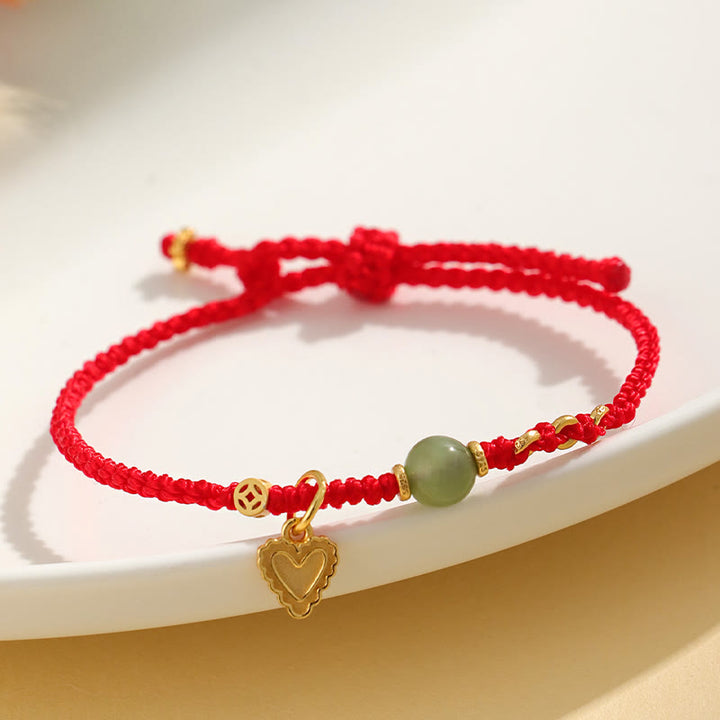 Buddha Stones Pulsera de plata de ley 925 con abalorios de jade hetiano y moneda de cobre con forma de corazón y amor