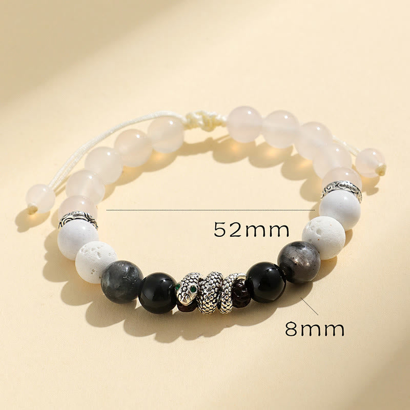 Pulsera de protección del año de la serpiente con Buddha Stones, ónix negro, piedra brillante negra, ágata blanca y turquesa blanca
