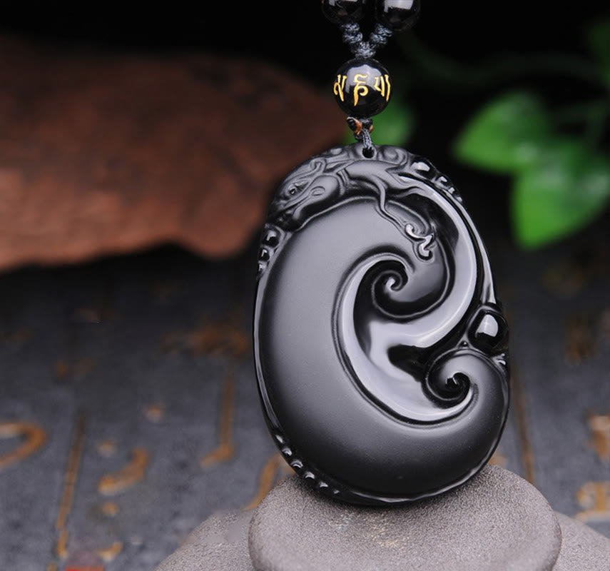 Collar con colgante de fuerza con patrón ovalado de PiXiu de obsidiana negra natural y Buddha Stones - Obsidiana Negra (Purificación ♥Transformación) - image 1