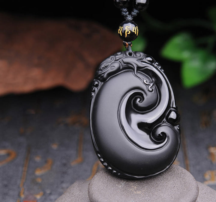Collar con colgante de fuerza con patrón ovalado de PiXiu de obsidiana negra natural y Buddha Stones - Obsidiana Negra (Purificación ♥Transformación) - image 1