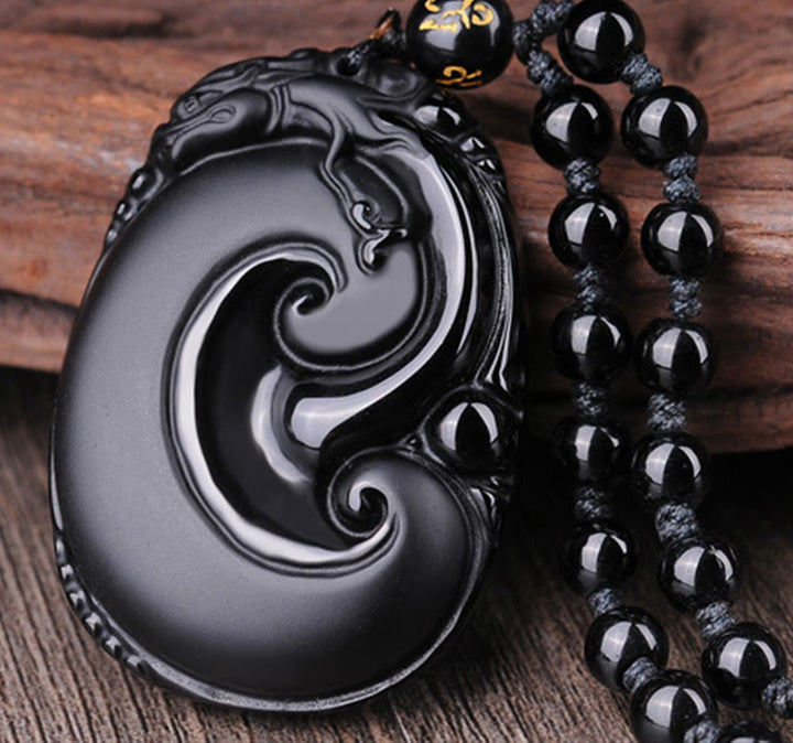Collar con colgante de fuerza con patrón ovalado de PiXiu de obsidiana negra natural y Buddha Stones - image 3