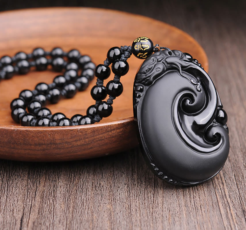 Collar con colgante de fuerza con patrón ovalado de PiXiu de obsidiana negra natural y Buddha Stones - image 2
