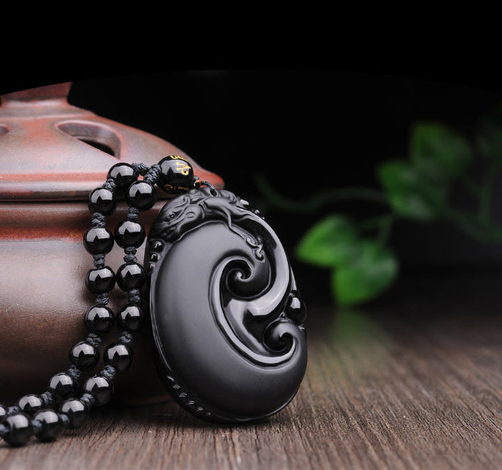 Collar con colgante de fuerza con patrón ovalado de PiXiu de obsidiana negra natural y Buddha Stones - image 9