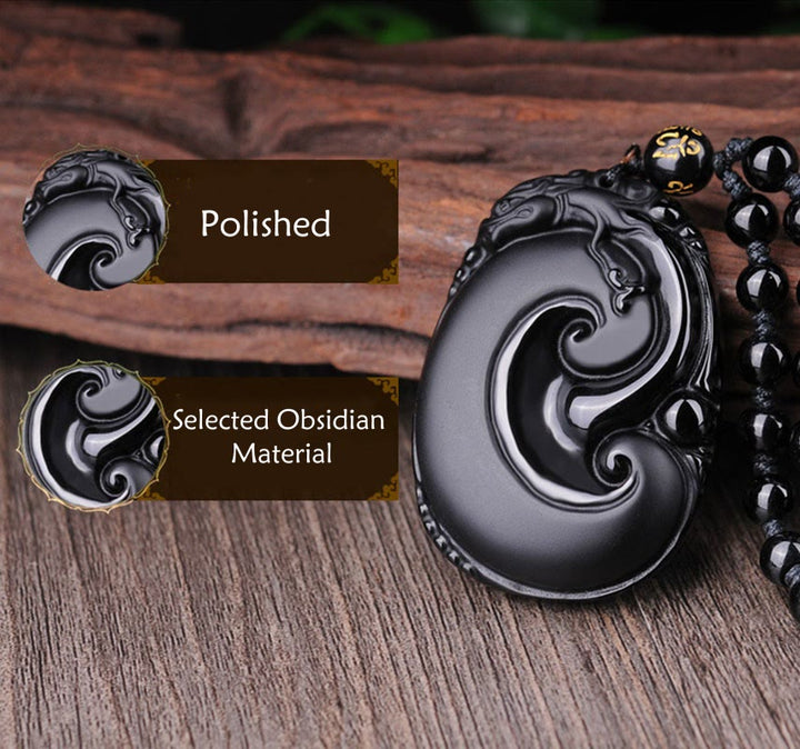 Collar con colgante de fuerza con patrón ovalado de PiXiu de obsidiana negra natural y Buddha Stones - image 10