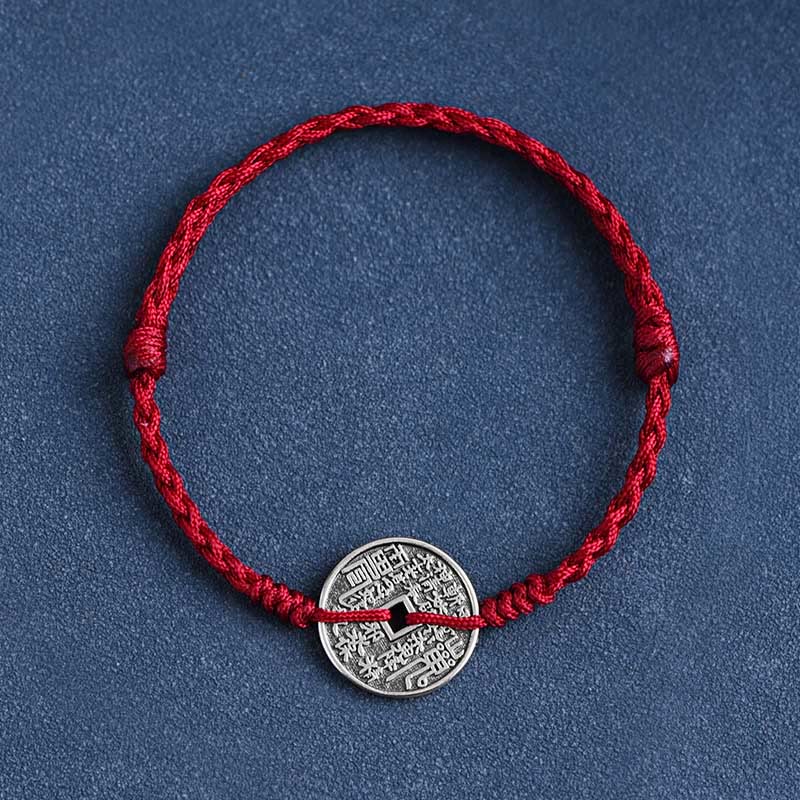 Pulsera trenzada con protección de monedas de plata de ley 925 con Buddha Stones - Cuerda de color rojo oscuro - Pulsera (circunferencia de la muñeca: 15-20 cm) - image 1