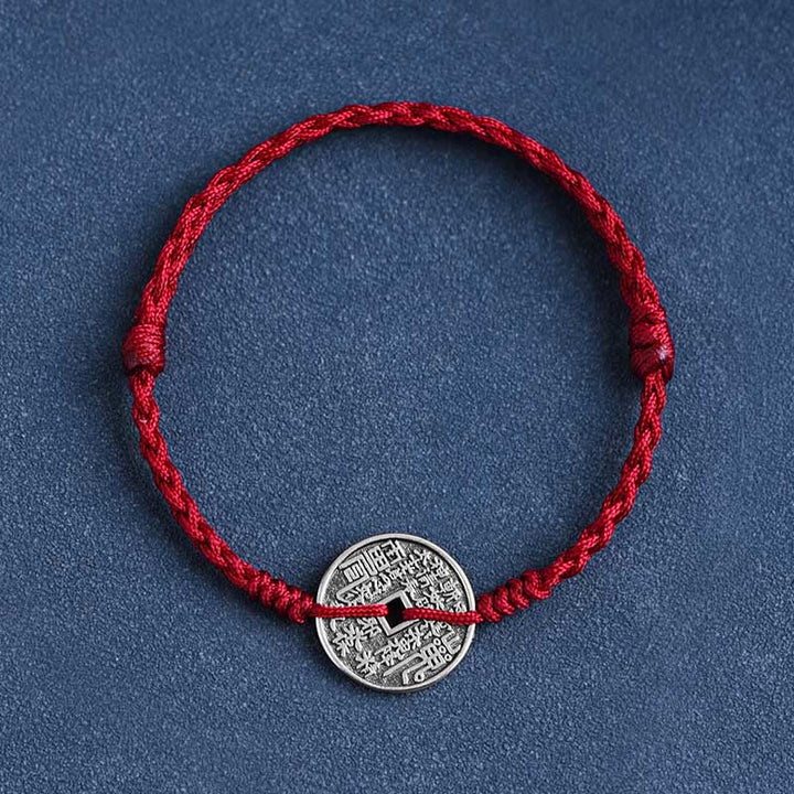 Pulsera trenzada con protección de monedas de plata de ley 925 con Buddha Stones - Cuerda de color rojo oscuro - Pulsera (circunferencia de la muñeca: 15-20 cm) - image 1