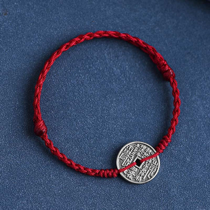 Pulsera trenzada con protección de monedas de plata de ley 925 con Buddha Stones - Cuerda de color rojo oscuro - Tobillera (Circunferencia 18-30 cm) - image 2