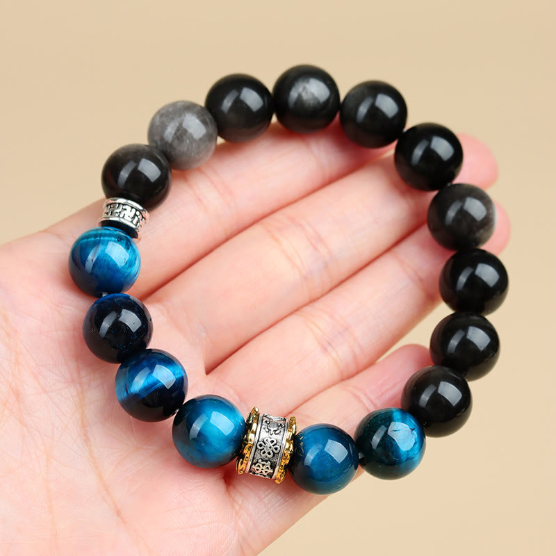 Pulsera de fuerza con obsidiana plateada y ojo de tigre azul y Buddha Stones