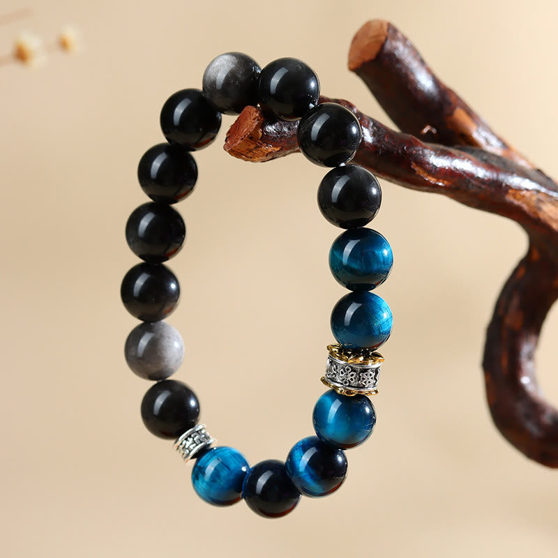 Pulsera de fuerza con obsidiana plateada y ojo de tigre azul y Buddha Stones
