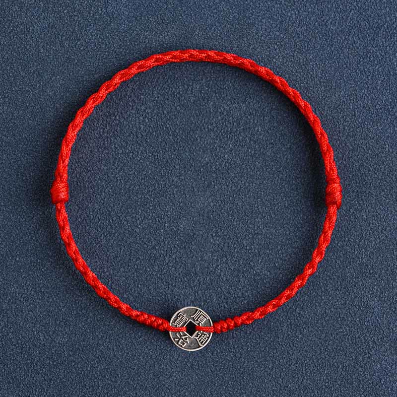Pulsera trenzada de plata de Buddha Stones , hilo rojo, protección de la suerte - Moneda Shunzhi de hilo rojo - Tobillera (circunferencia 17-30cm) - image 10