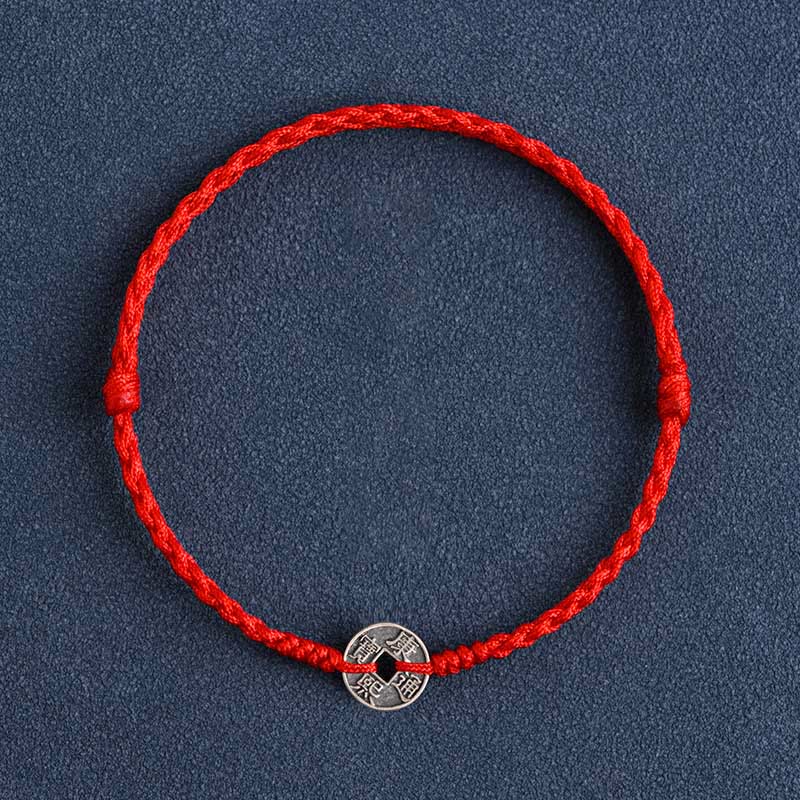Pulsera trenzada de plata de Buddha Stones , hilo rojo, protección de la suerte - Moneda Kangxi de hilo rojo - Tobillera (circunferencia 17-30cm) - image 11