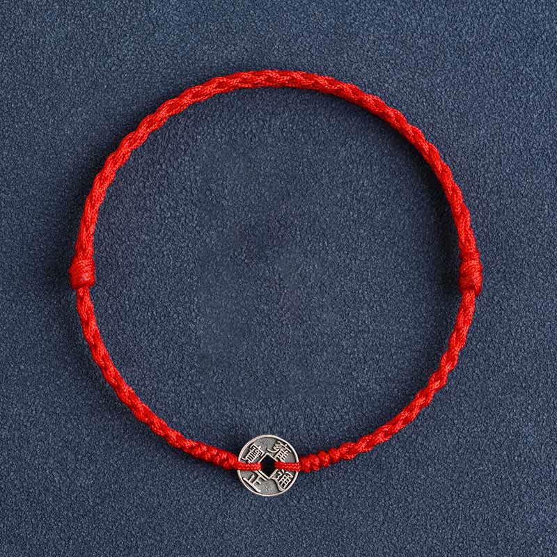 Pulsera trenzada de plata de Buddha Stones , hilo rojo, protección de la suerte - Moneda Yongzheng de hilo rojo - Tobillera (Circunferencia 17-30 cm) - image 1