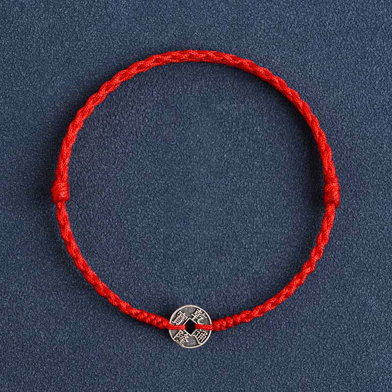 Pulsera trenzada de plata de Buddha Stones , hilo rojo, protección de la suerte - Moneda Qianlong de hilo rojo - Tobillera (circunferencia 17-30cm) - image 12