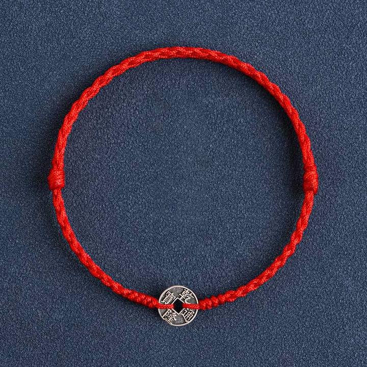 Pulsera trenzada de plata de Buddha Stones , hilo rojo, protección de la suerte - Moneda Qianlong de hilo rojo - Tobillera (circunferencia 17-30cm) - image 12
