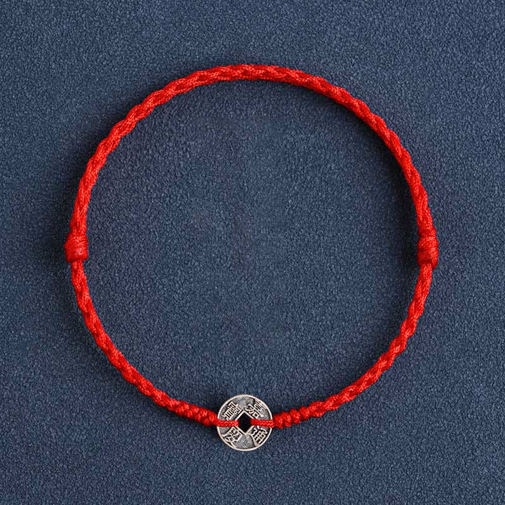 Pulsera trenzada de plata de Buddha Stones , hilo rojo, protección de la suerte - Moneda Jiaqing de hilo rojo - Tobillera (circunferencia 17-30cm) - image 13