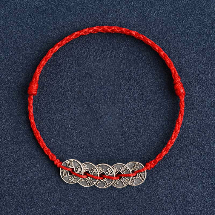 Pulsera trenzada de plata de Buddha Stones , hilo rojo, protección de la suerte - Hilo rojo Cinco monedas de emperador - Tobillera (Circunferencia 17-30 cm) - image 14