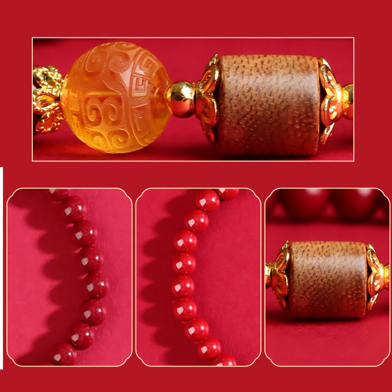 Pulsera de bendición de madera de agar, ámbar, cinabrio y Buddha Stones