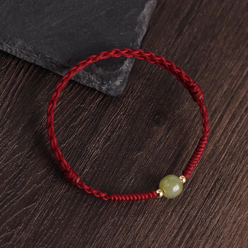 Pulsera trenzada para tobillo con cuentas de oro 999 y jade hetiano natural de Buddha Stones - Cuerda roja oscura - Cuentas de jade Hetian y oro de 14k - Tobillera (circunferencia 17-30 cm) - image 1