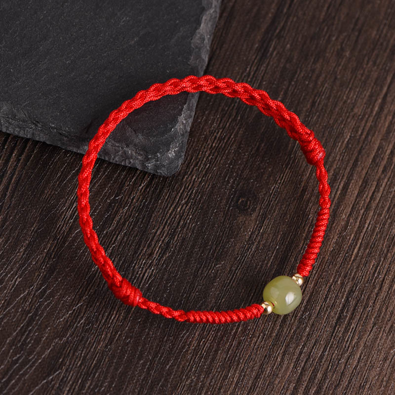 Pulsera trenzada para tobillo con cuentas de oro 999 y jade hetiano natural de Buddha Stones - Cuerda roja - Cuentas de jade hetiano en oro de 14 k - Tobillera (circunferencia 17-30cm) - image 10