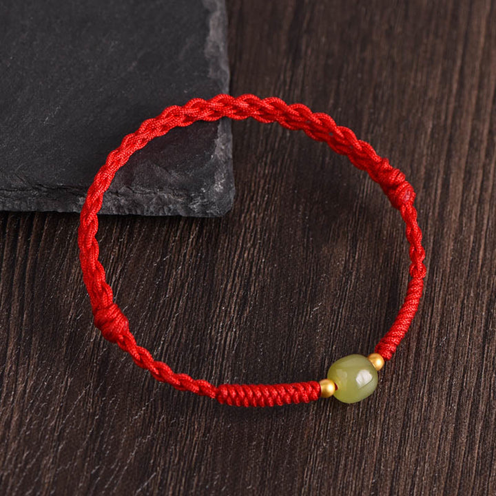 Pulsera trenzada para tobillo con cuentas de oro 999 y jade hetiano natural de Buddha Stones - Cuerda roja - Cuentas de jade hetiano de oro 999 - Tobillera (circunferencia 17-30cm) - image 11