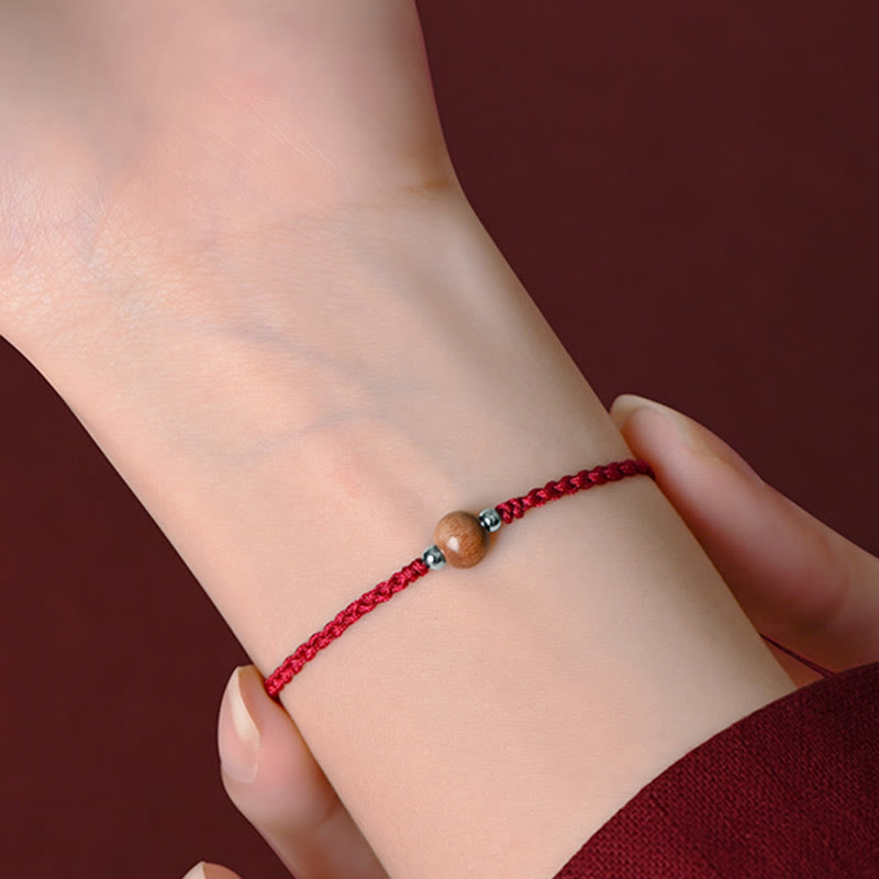 Pulsera trenzada de madera de melocotón natural con Buddha Stones y cuentas de suerte para tobillos