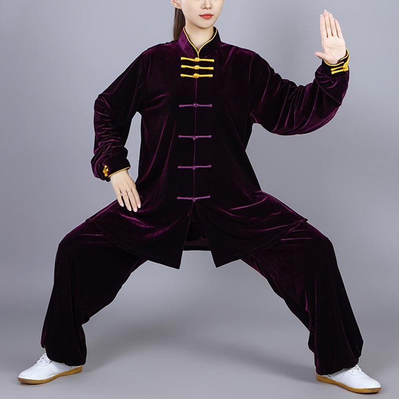 Conjunto de 2 piezas de ropa de terciopelo unisex con botones de rana para meditación y práctica de tai chi y qigong de Buddha Stones para otoño e invierno - Magenta oscuro - 3XL- APTO PARA US . UK/ AU/UE - XL - image 14