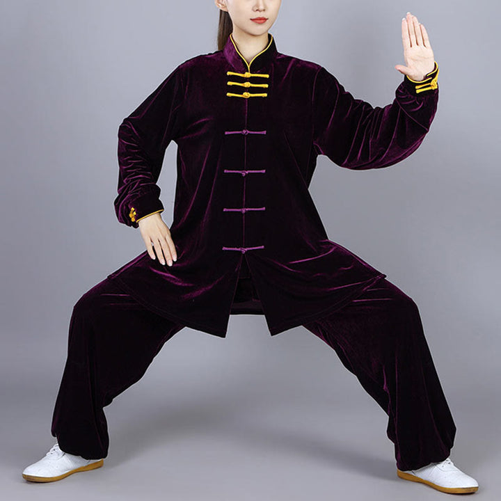 Conjunto de 2 piezas de ropa de terciopelo unisex con botones de rana para meditación y práctica de tai chi y qigong de Buddha Stones para otoño e invierno - Magenta oscuro - 3XL- APTO PARA US . UK/ AU/UE - XL - image 14