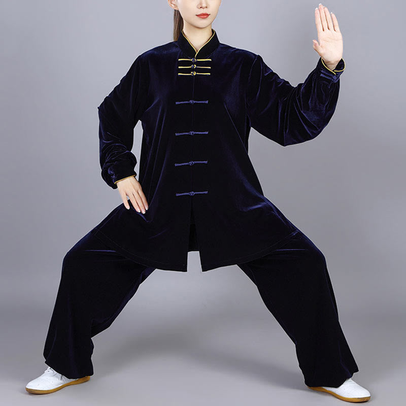 Conjunto de 2 piezas de ropa de terciopelo unisex con botones de rana para meditación y práctica de tai chi y qigong de Buddha Stones para otoño e invierno - Azul medianoche - 3XL - AJUSTE A LA XL DE EE. US./ UK/AU/ EU - image 0