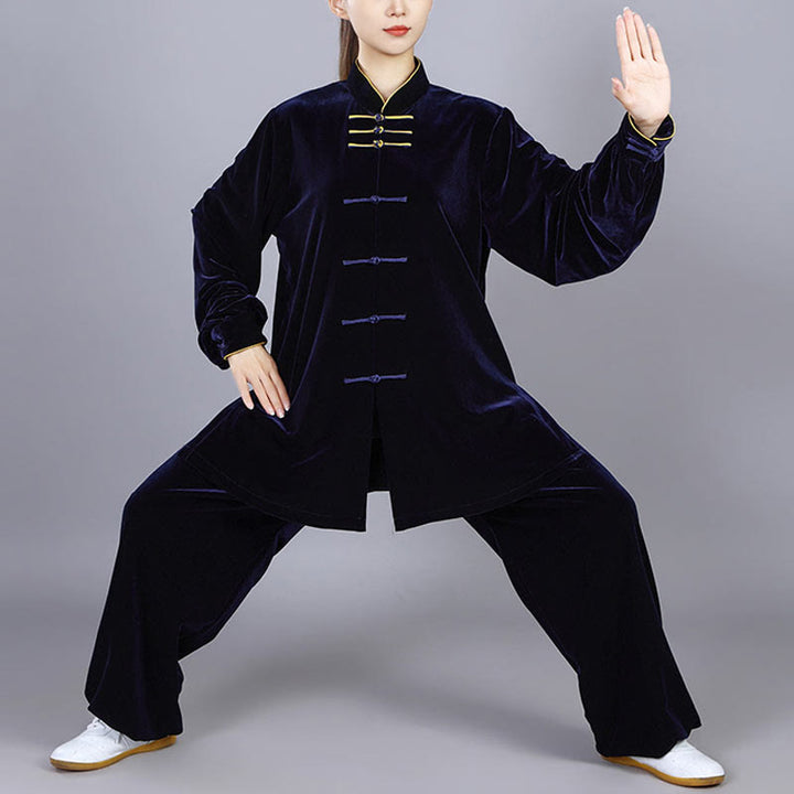 Conjunto de 2 piezas de ropa de terciopelo unisex con botones de rana para meditación y práctica de tai chi y qigong de Buddha Stones para otoño e invierno - Azul medianoche - 3XL - AJUSTE A LA XL DE EE. US./ UK/AU/ EU - image 0