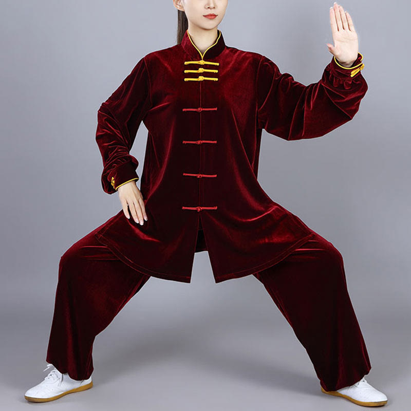 Conjunto de 2 piezas de ropa de terciopelo unisex con botones de rana para meditación y práctica de tai chi y qigong de Buddha Stones para otoño e invierno - Rojo oscuro - 3XL - AJUSTE A LA XL DE EE. US./ UK/AU/ EU - image 2