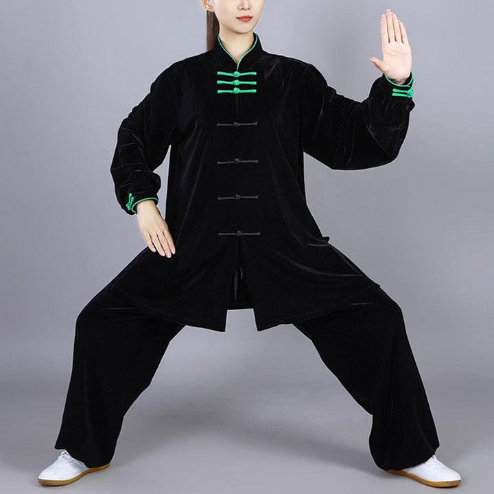 Conjunto de 2 piezas de ropa de terciopelo unisex con botones de rana para meditación y práctica de tai chi y qigong de Buddha Stones para otoño e invierno - Negro - 3XL- APTO PARA US./ UK/AU/ EU- XL - image 17