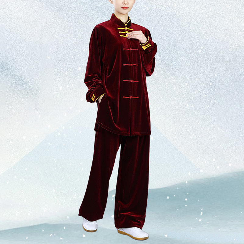 Conjunto de 2 piezas de ropa de terciopelo unisex con botones de rana para meditación y práctica de tai chi y qigong de Buddha Stones para otoño e invierno - image 6