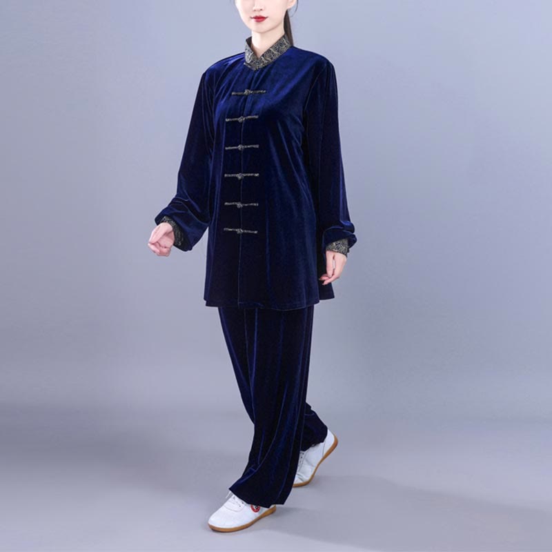 Conjunto de 2 piezas de ropa de meditación unisex de terciopelo con Buddha Stones de rana y cuello alto con nubes auspiciosas de Tai Chi y Qigong para otoño e invierno - image 14