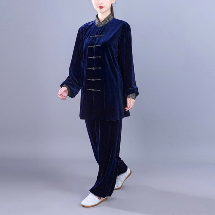 Conjunto de 2 piezas de ropa de meditación unisex de terciopelo con Buddha Stones de rana y cuello alto con nubes auspiciosas de Tai Chi y Qigong para otoño e invierno - image 14