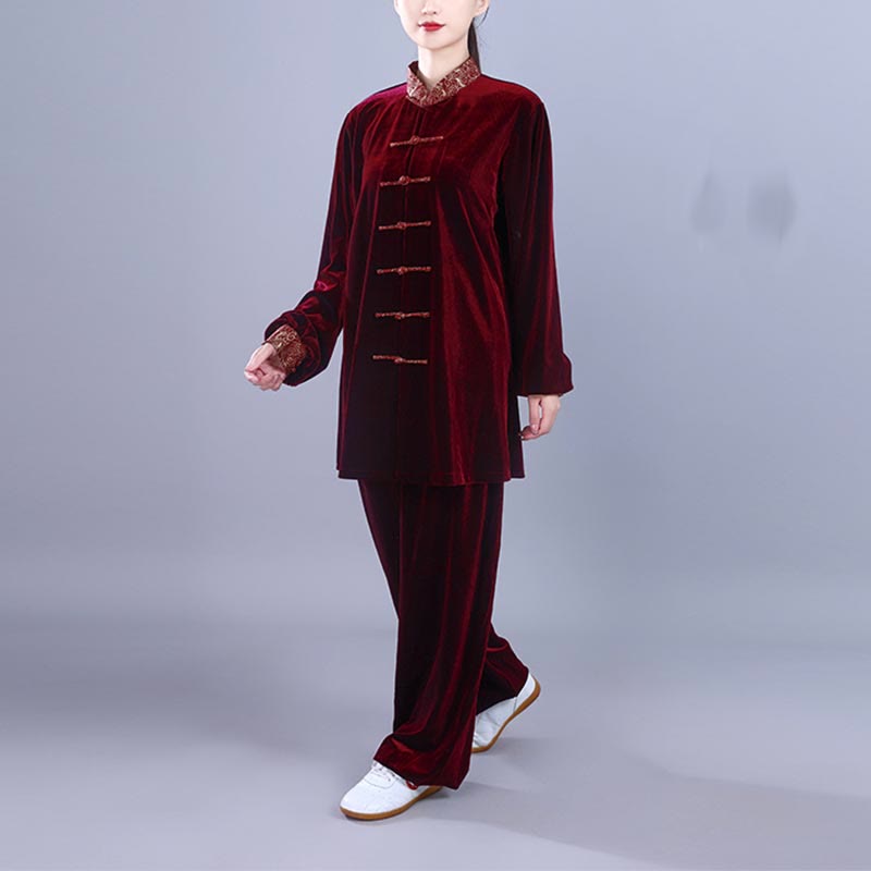 Conjunto de 2 piezas de ropa de meditación unisex de terciopelo con Buddha Stones de rana y cuello alto con nubes auspiciosas de Tai Chi y Qigong para otoño e invierno - image 4