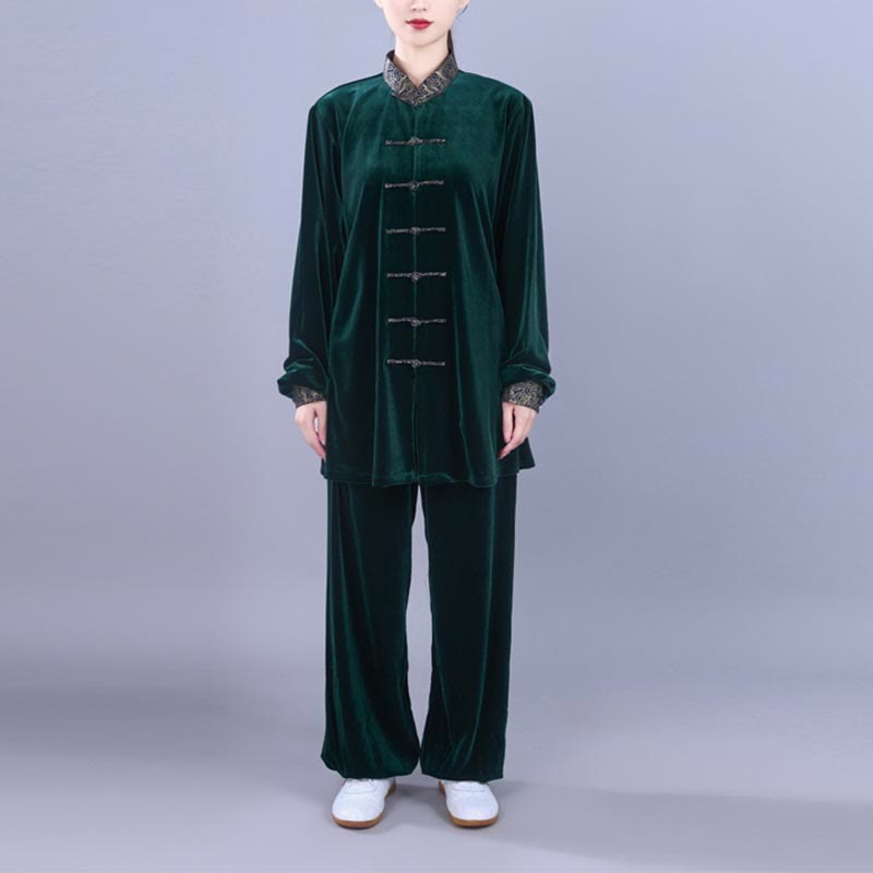 Conjunto de 2 piezas de ropa de meditación unisex de terciopelo con Buddha Stones de rana y cuello alto con nubes auspiciosas de Tai Chi y Qigong para otoño e invierno - image 18