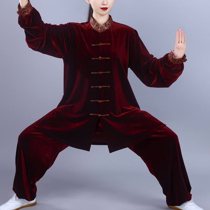 Conjunto de 2 piezas de ropa de meditación unisex de terciopelo con Buddha Stones de rana y cuello alto con nubes auspiciosas de Tai Chi y Qigong para otoño e invierno - Rojo oscuro - 3XL- APTO PARA US . UK/ AU/UE - XL - image 0