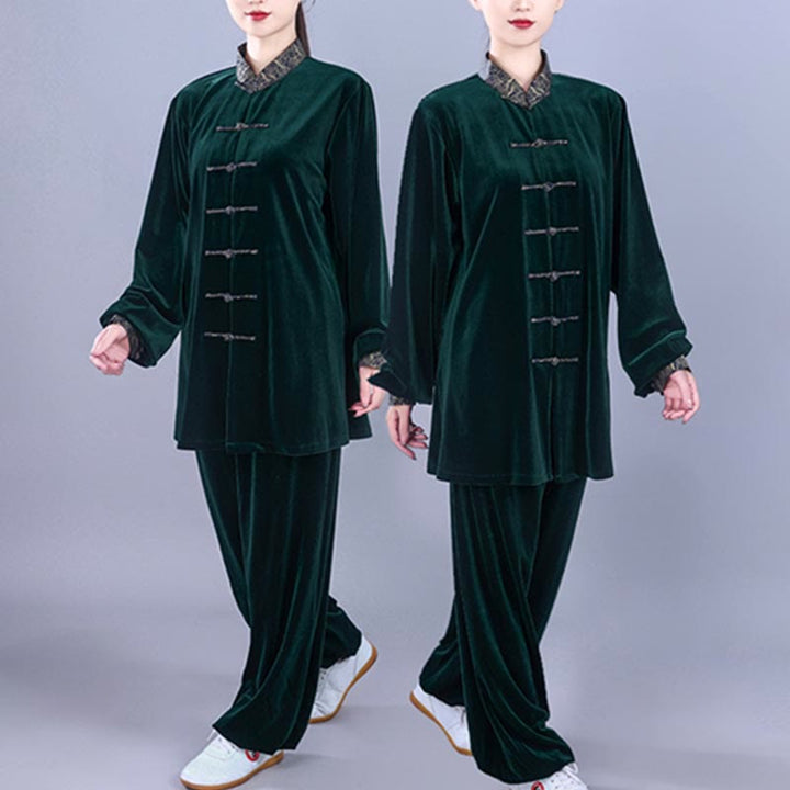 Conjunto de 2 piezas de ropa de meditación unisex de terciopelo con Buddha Stones de rana y cuello alto con nubes auspiciosas de Tai Chi y Qigong para otoño e invierno - image 17