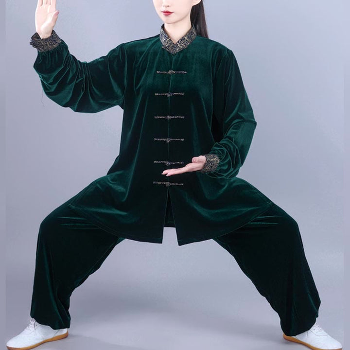 Conjunto de 2 piezas de ropa de meditación unisex de terciopelo con Buddha Stones de rana y cuello alto con nubes auspiciosas de Tai Chi y Qigong para otoño e invierno - Verdemar - 3XL- APTO PARA US . UK/ AU/UE - XL - image 15